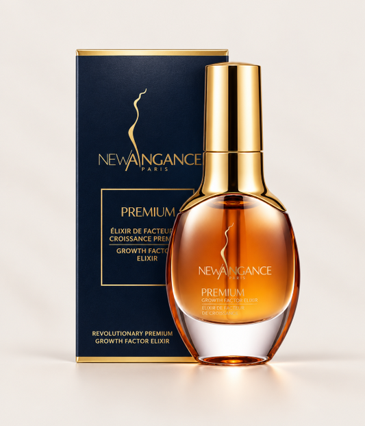 New Angance Paris skincare elixir bottle with packaging on a light gray background