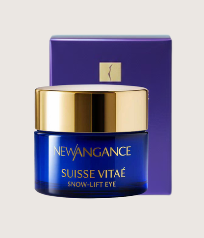 Newangance Suisse Vité eye cream jar with gold lid on a light gray background